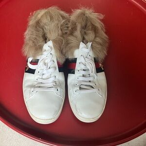 Gucci White Sneakers with Fur Trim